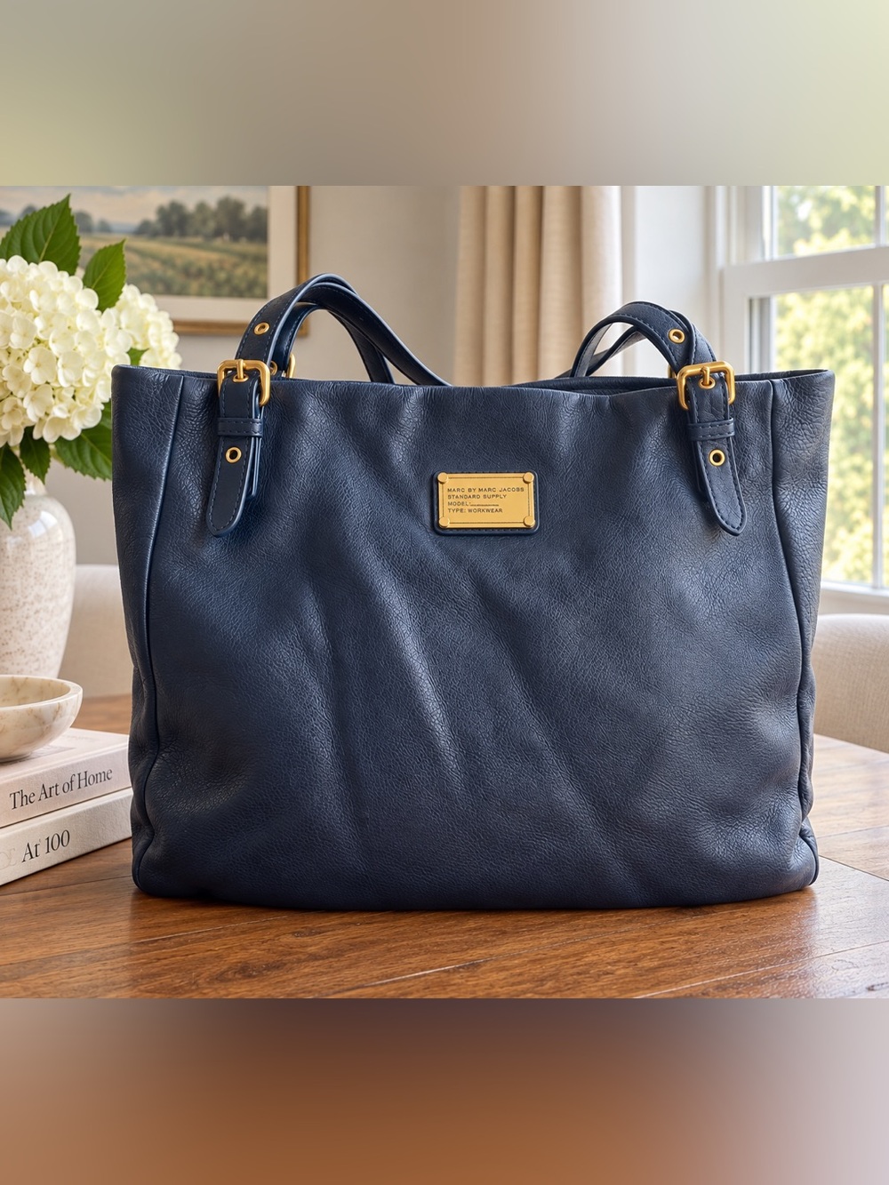 Marc by Marc Jacobs Navy Leather Double-Handle Tote with Gold Plaque